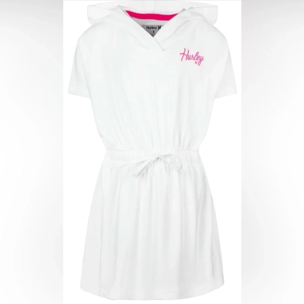 Hurley French Terry Hooded Cover up Dress White with Pink Logo Girls 4T NWT - Picture 1 of 7